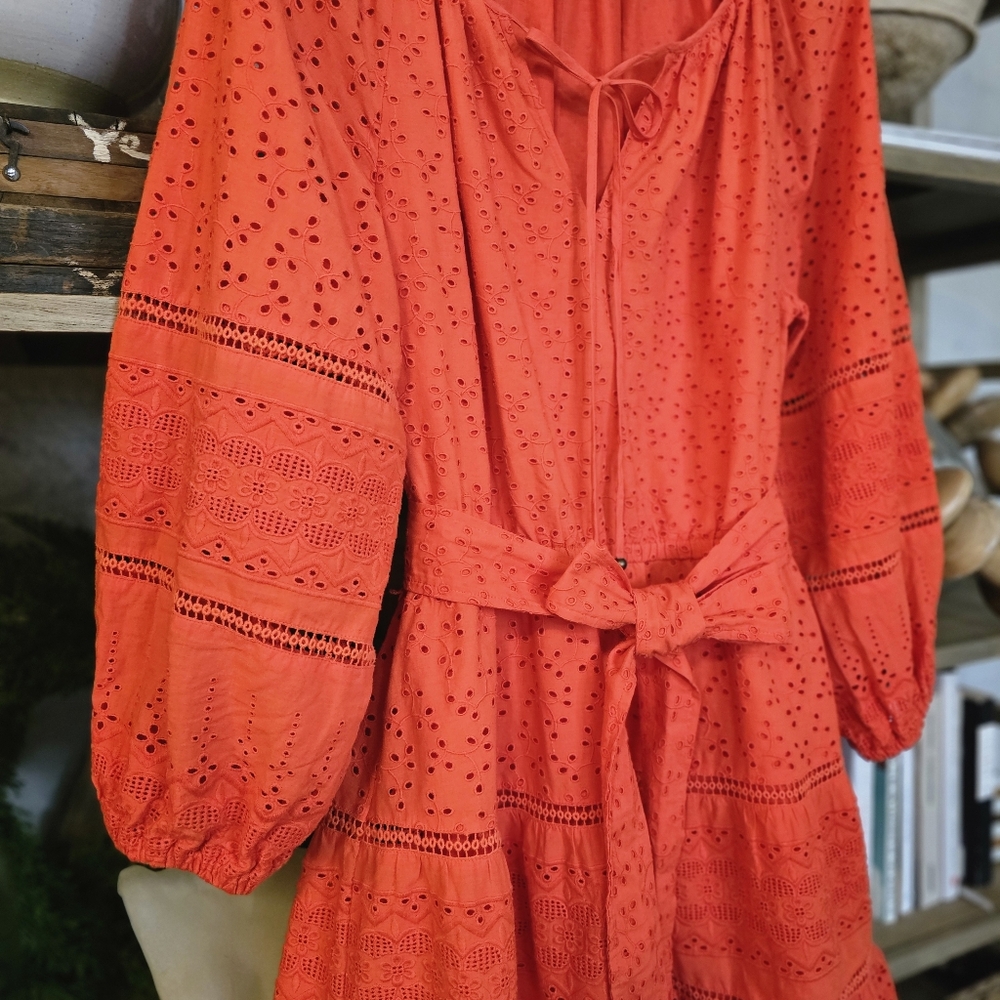 Lauren Ralph Lauren Red Eyelet Mini Dress Broderie Anglaise Belted Sz 10 - Picture 10 of 15